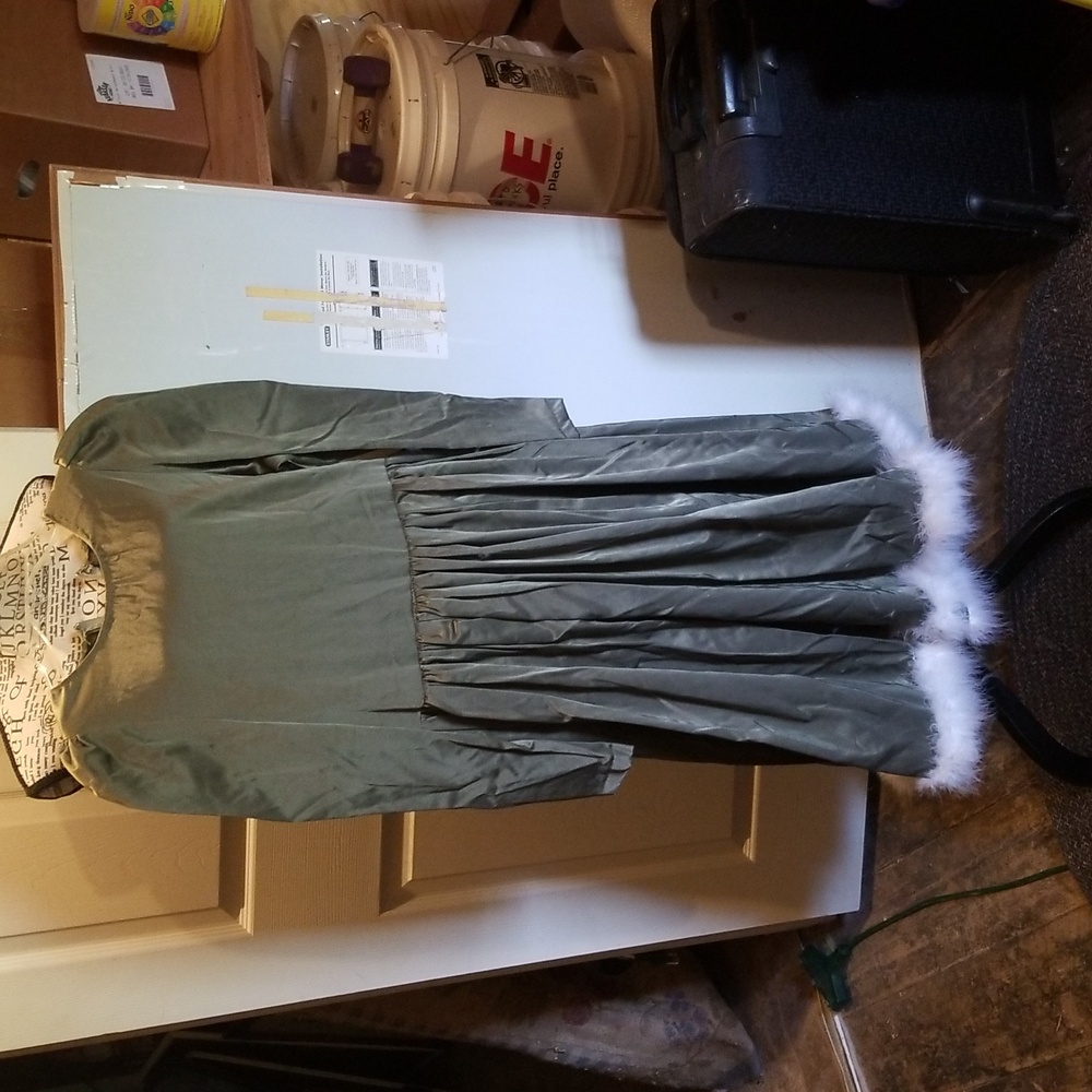 Women's Green Winter Costume Dress with White Fur trim.